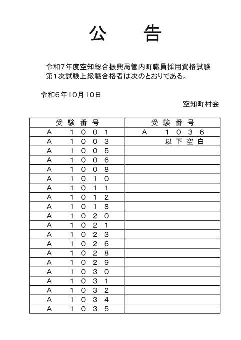 令和6年度空知総合振興局管内町職員採用資格試験第一次試験合格者〔上級〕